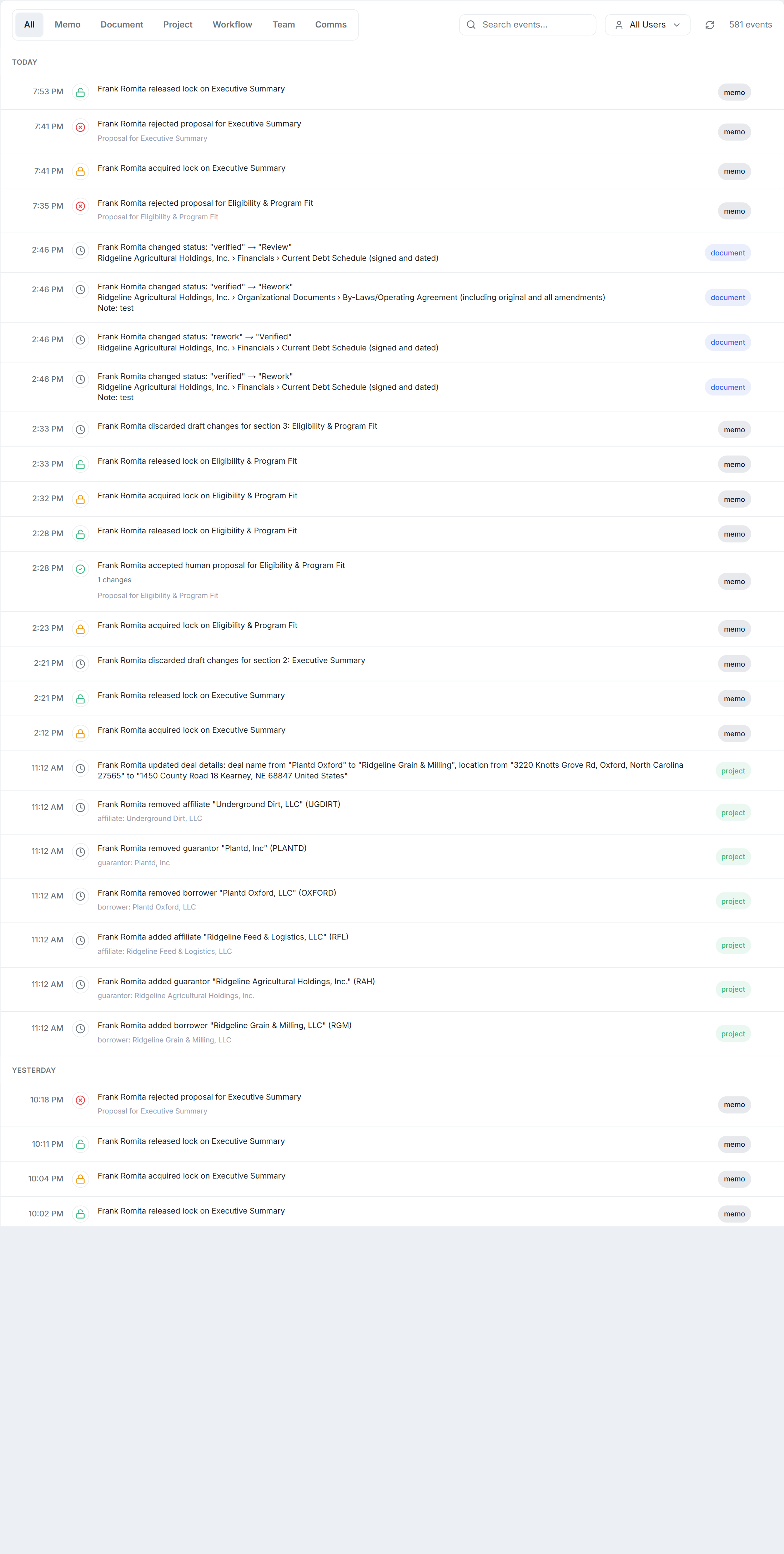 Audit log showing timestamped user actions across memo, document, project, and workflow events