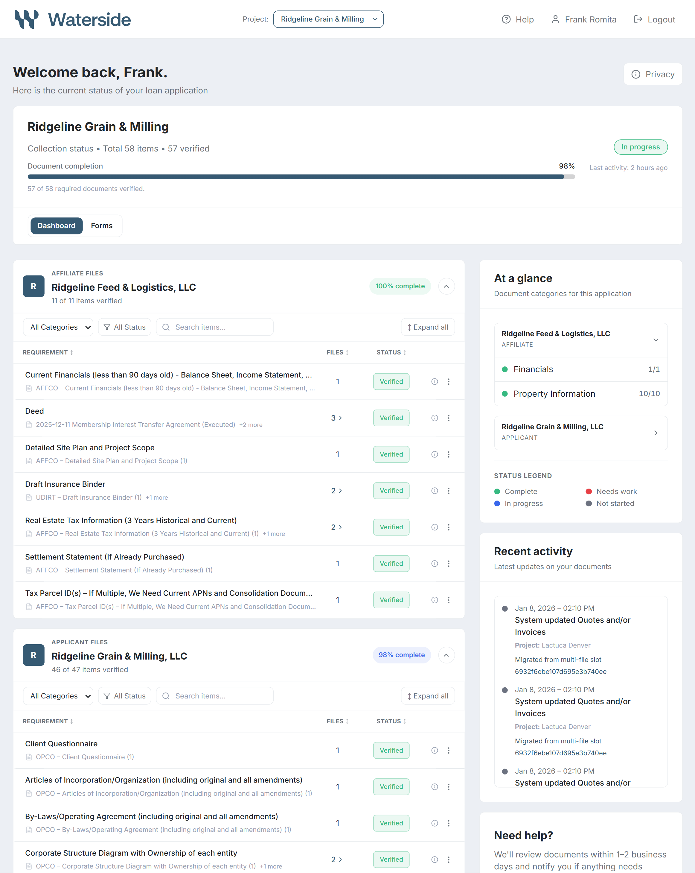 Branded borrower portal showing 98% document completion, entity-level requirements with verified status, and at-a-glance category breakdown