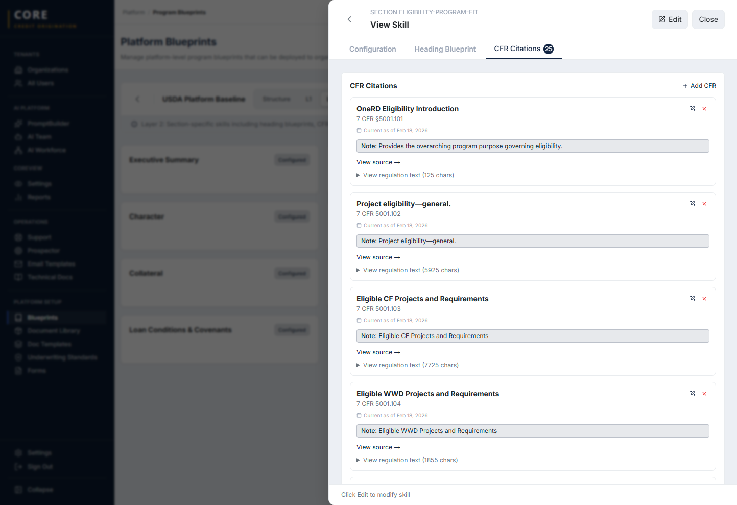 CFR Citations panel showing 25 live regulatory references with current-as-of dates and expandable regulation text