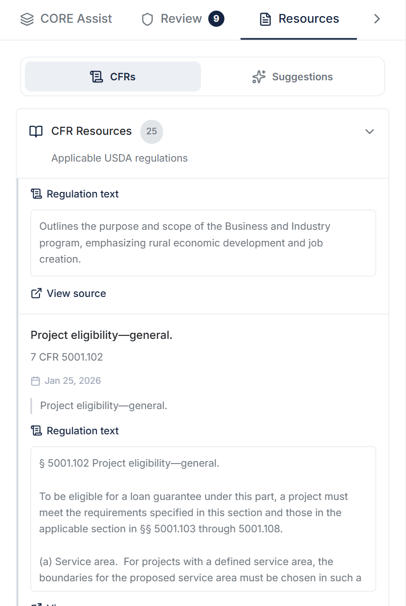CFR Resources panel showing applicable USDA regulations with expandable regulation text and source links