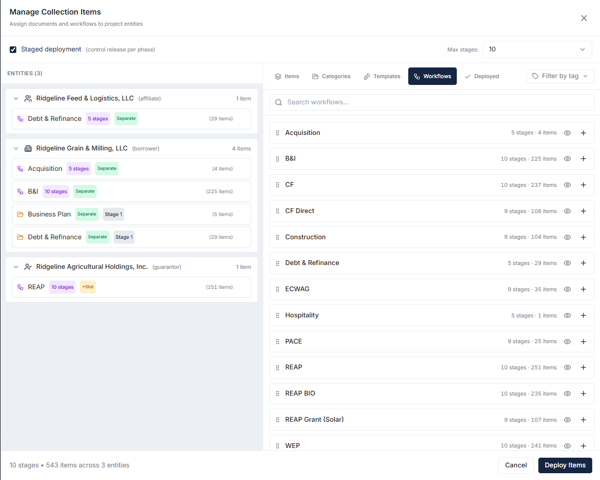 Manage Collection Items modal with staged deployment, entity-based workflow assignments, and program template library