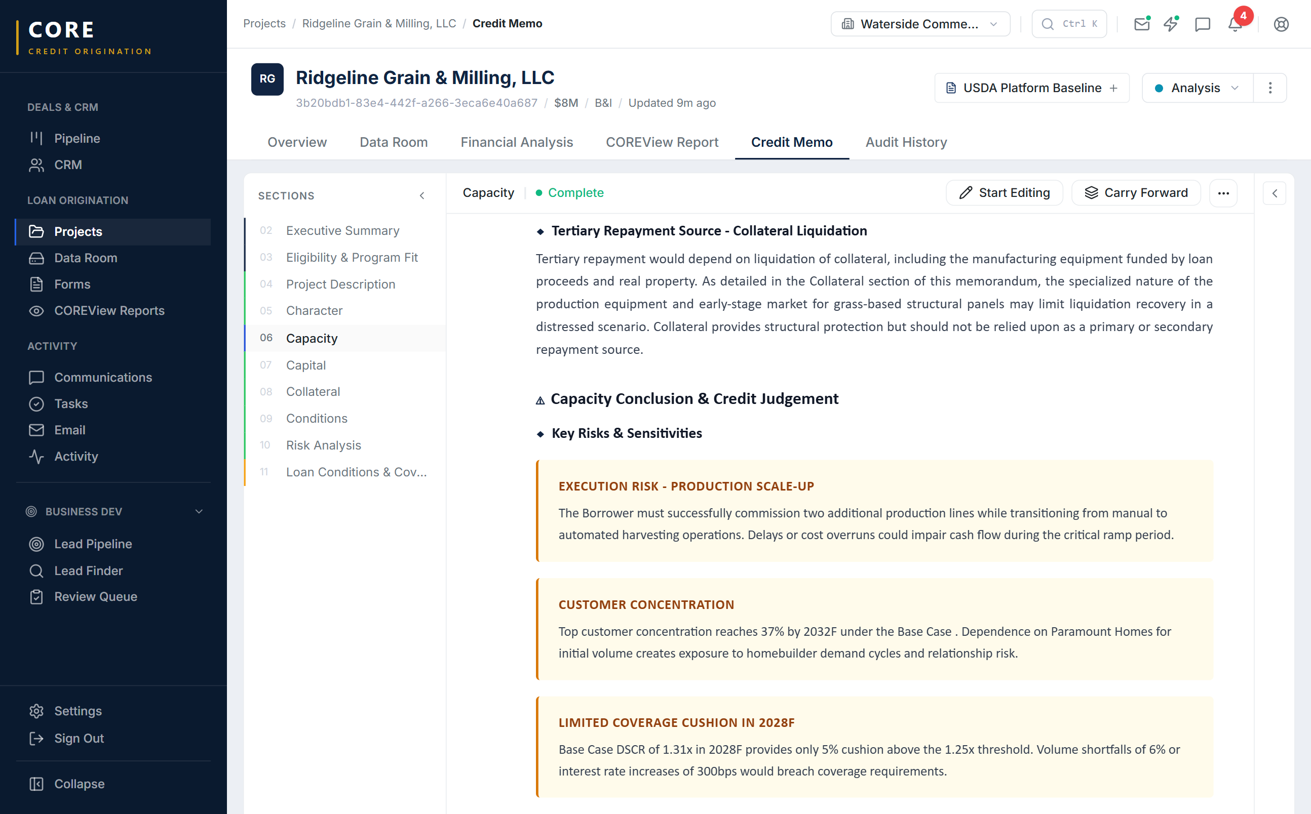 CORE credit memo showing capacity analysis with key risks — execution risk, customer concentration, and limited coverage cushion findings