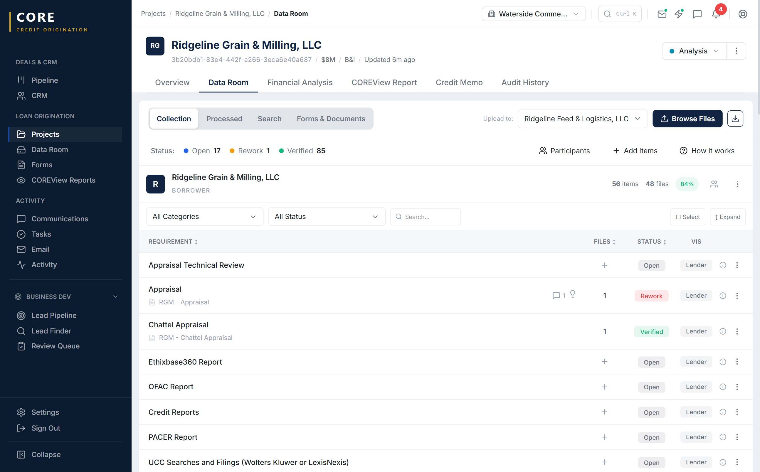 CORE data room showing document collection for Ridgeline Grain & Milling — entity-level requirements, verification status, and client visibility controls