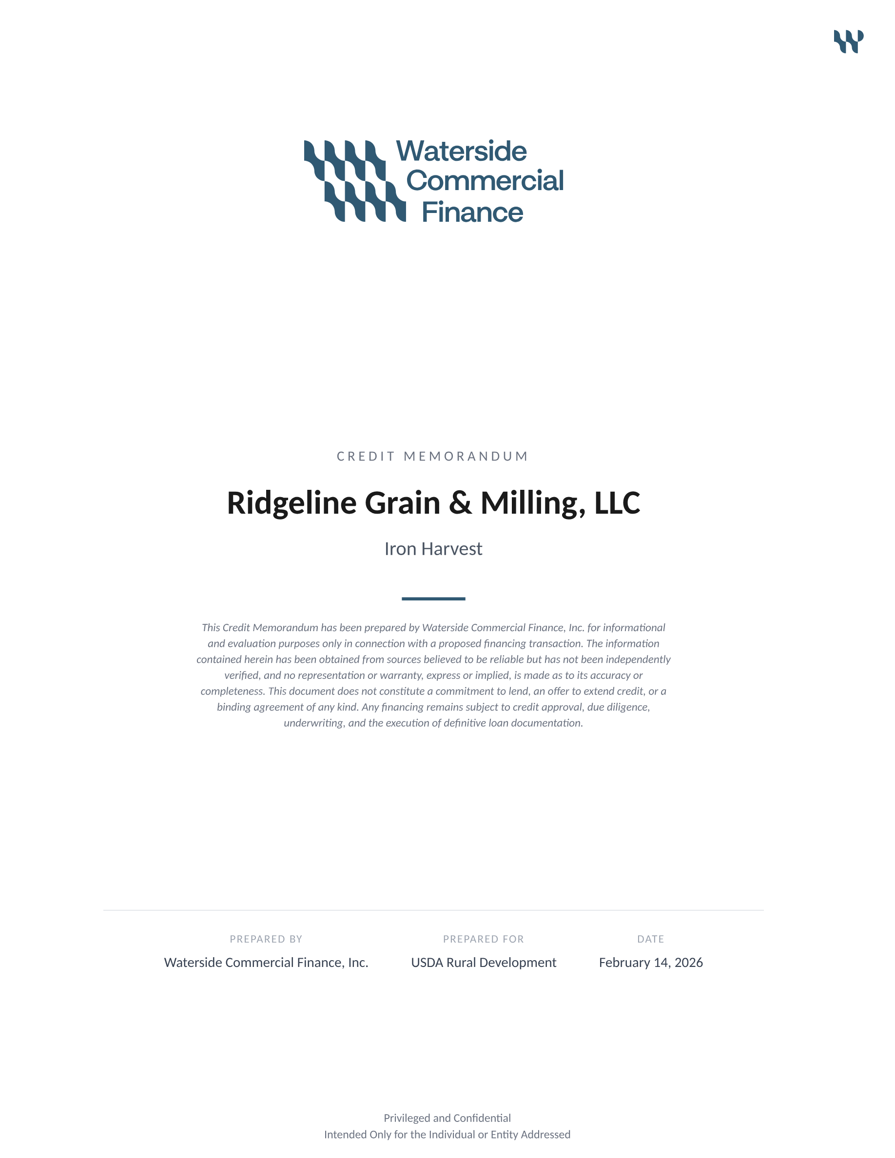 Credit memorandum cover page for Ridgeline Grain & Milling, prepared for USDA Rural Development