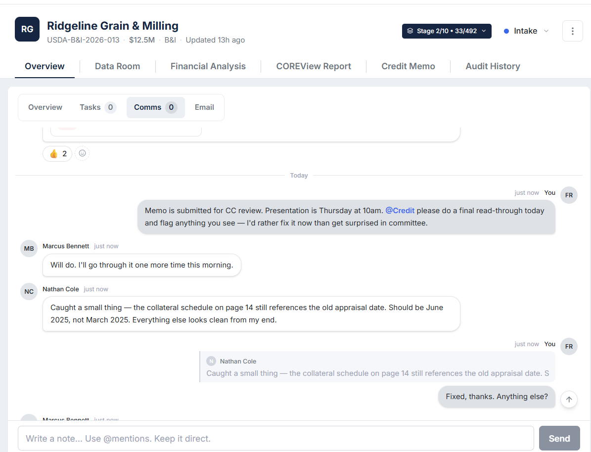Deal comms channel with @Credit mention for CC review, team replies with specific memo feedback, and quote-reply thread