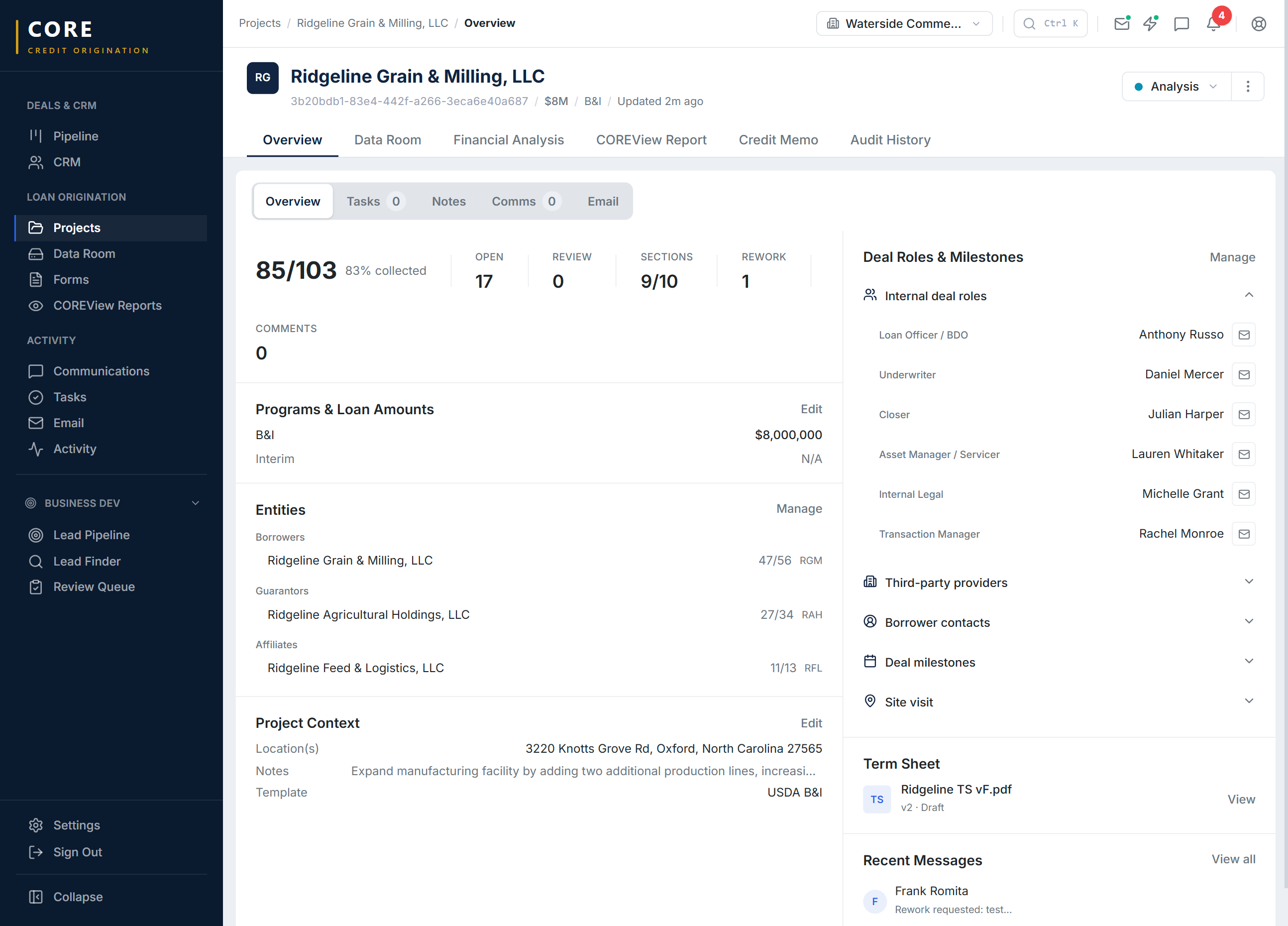 CORE deal workspace showing project overview, status tracking, team assignments, and document management in a single view