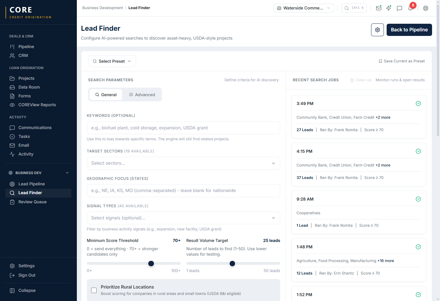 Lead Finder with search parameters, sector targeting, score threshold, and rural prioritization controls