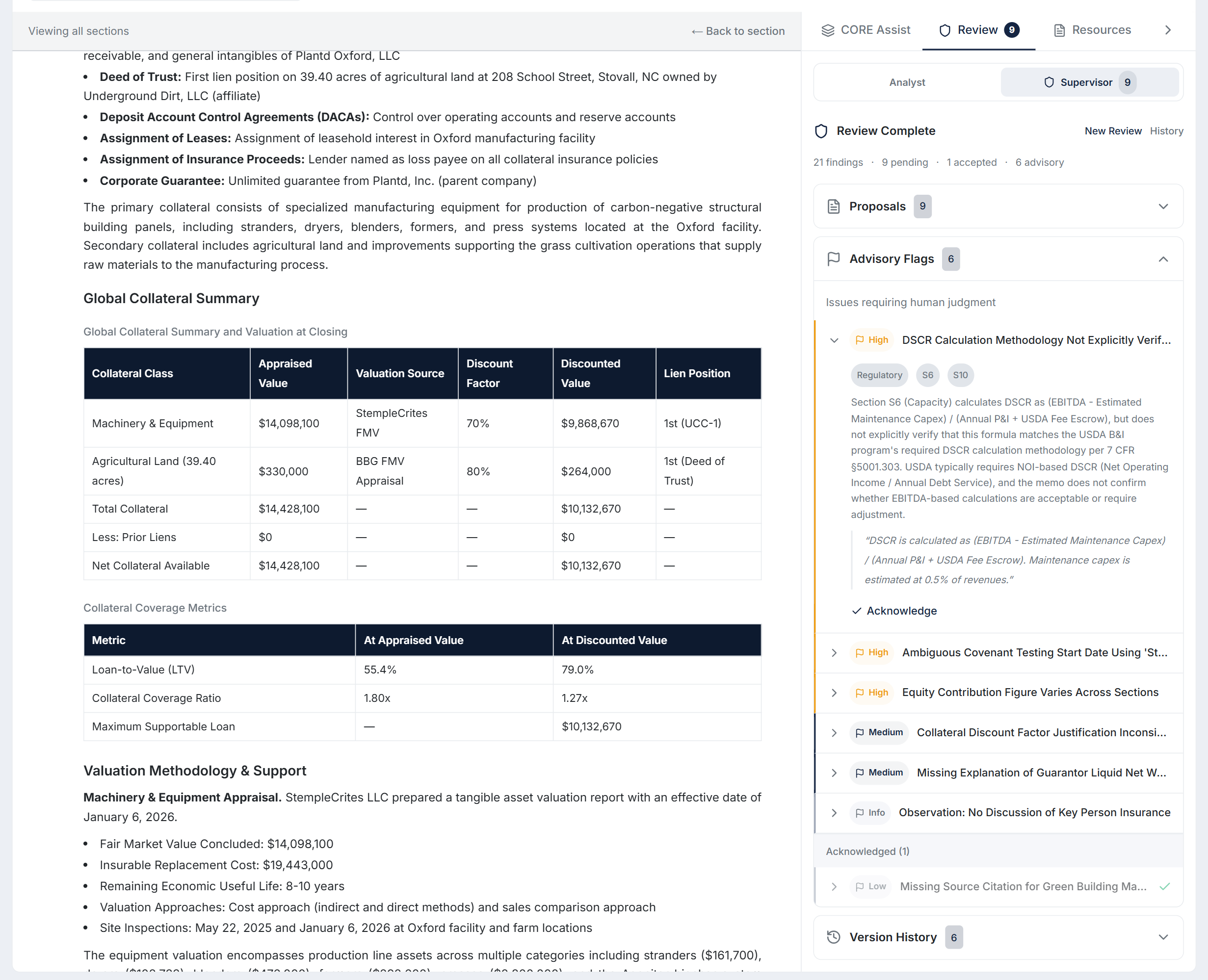 Credit memo with evidence citations panel showing source documents, review findings, and institutional formatting