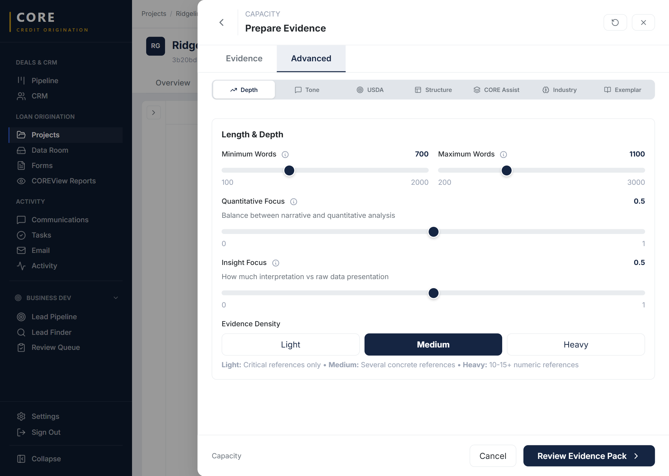 CORE Prepare Evidence panel showing depth, tone, and evidence density controls for a credit memo section