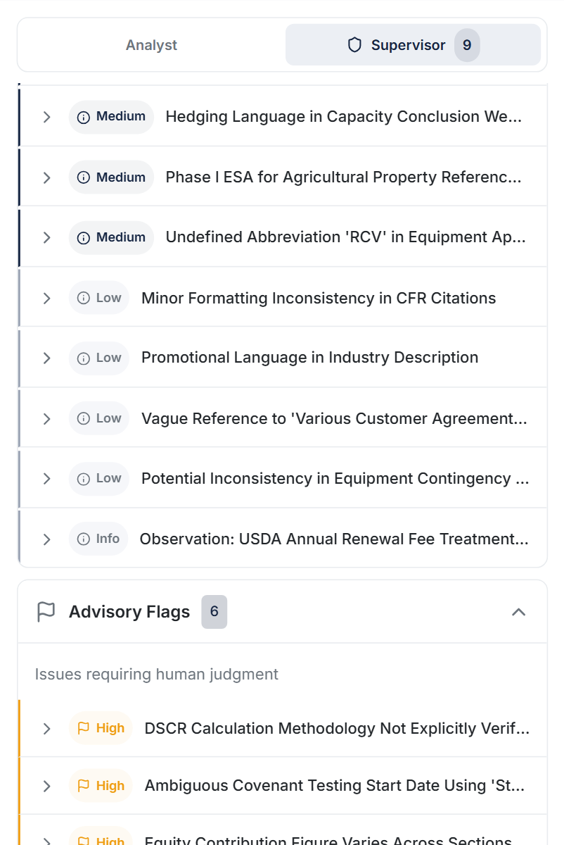 Supervisor review panel showing findings by severity — high, medium, low — with advisory flags and acknowledged items