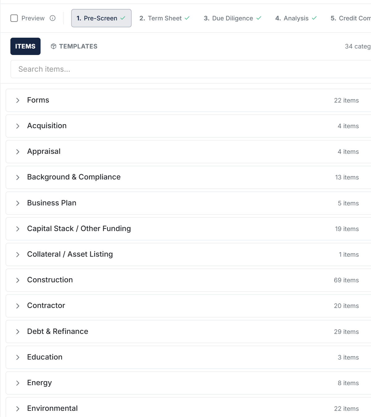 USDA B&I workflow template with 10 stages, 225 checklist items across 34 categories