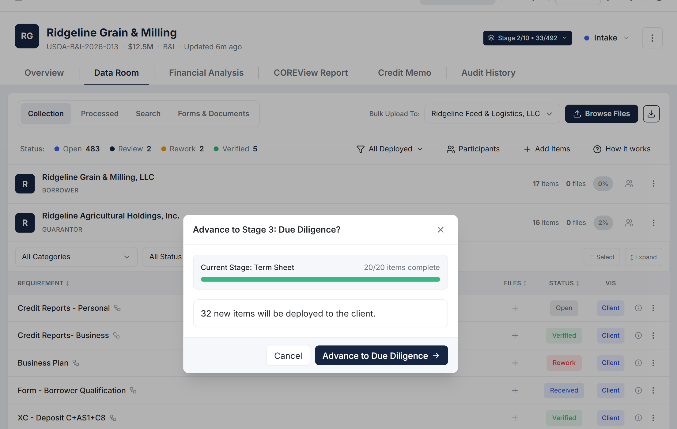 Stage advancement modal showing Term Sheet complete with 32 new items deploying to Due Diligence