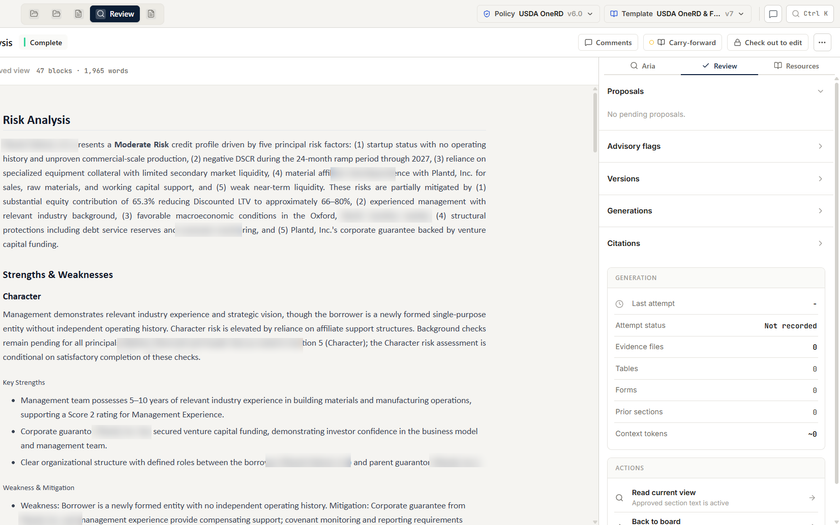 Sanitized CORE memo section review surface with borrower narrative blurred