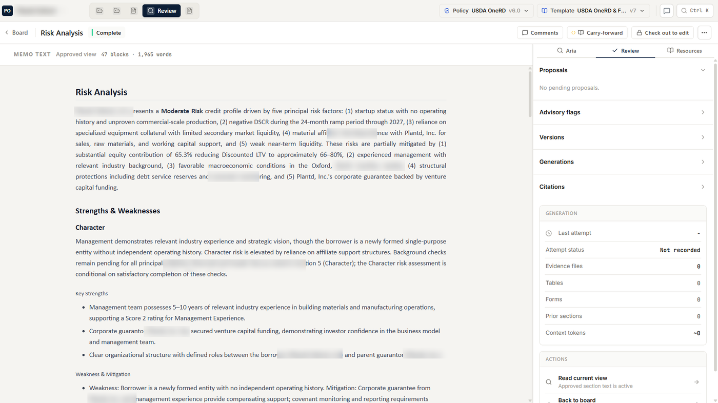 Sanitized CORE memo section review surface with borrower narrative blurred