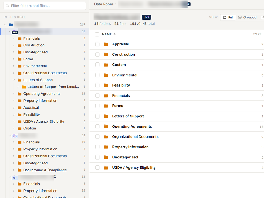 Redacted focused crop of the CORE entity data room